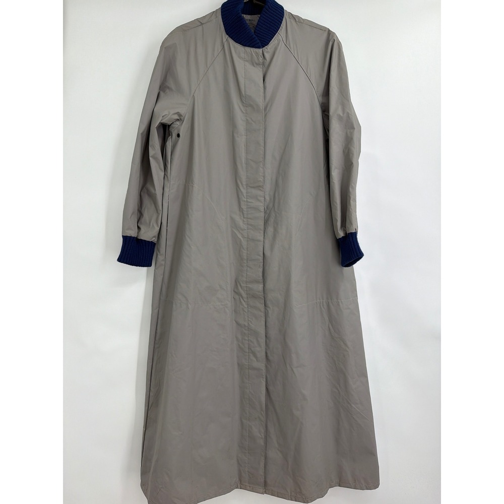Vintage Totes Raincoat Gray Vinyl Maxi Long Rain Duster Navy Knit Trim Small‎